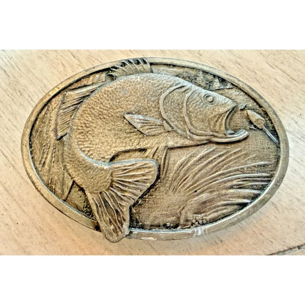 Vintage 1977 Bergamot Brass Works Bass Fish Fishing Pole 3D Belt Buckle X-144
